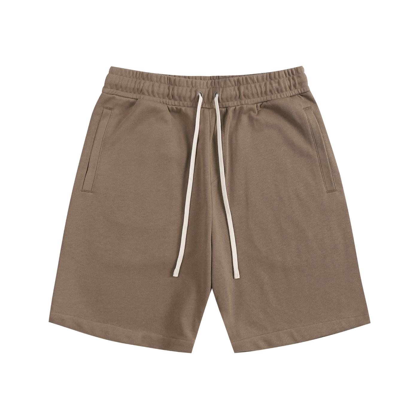 Brown shorts with a drawstring on a white background