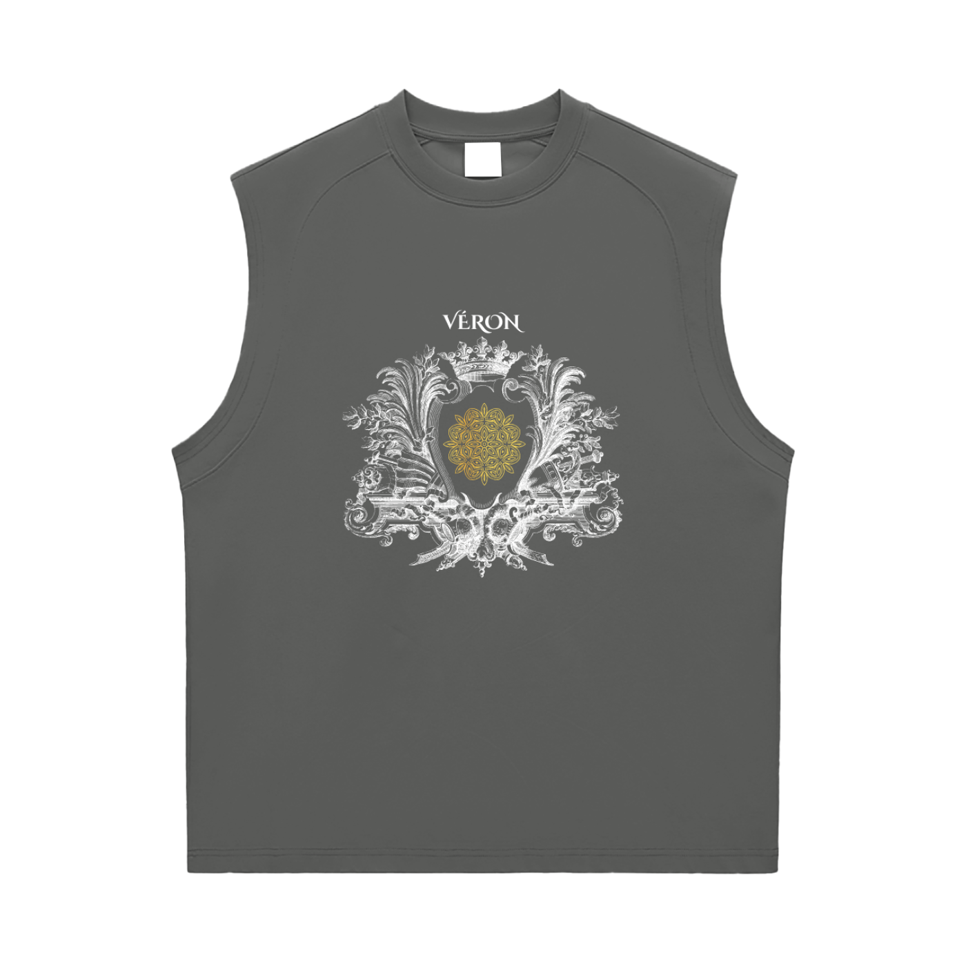 Gray sleeveless shirt Tank Top with decorative emblem and 'Véron' text on a white background