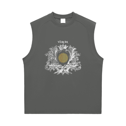 Gray sleeveless shirt Tank Top with decorative emblem and 'Véron' text on a white background
