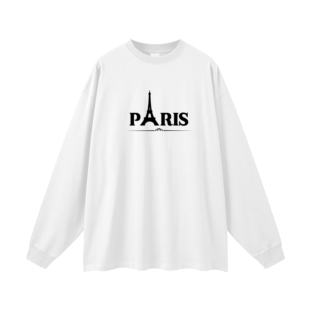 White long-sleeve shirt with 'PARIS' and Eiffel Tower design on a white background