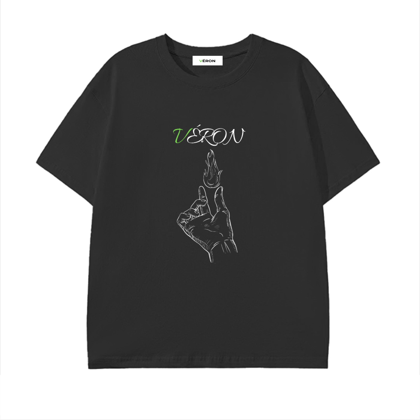 Black t-shirt with hand gesture design and 'VERON' text on a white background