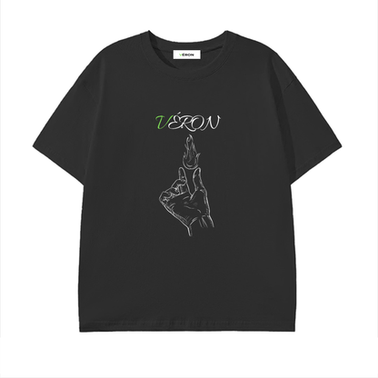 Black t-shirt with hand gesture design and 'VERON' text on a white background
