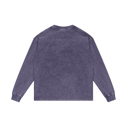 Back view of a dark blue long-sleeve shirt on a white background