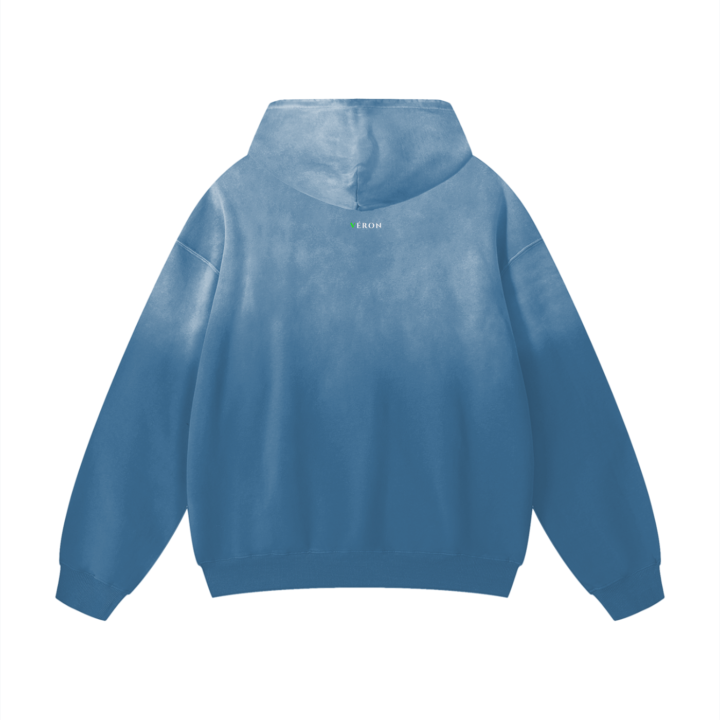 Blue hoodie with a brand logo on the back against a white background