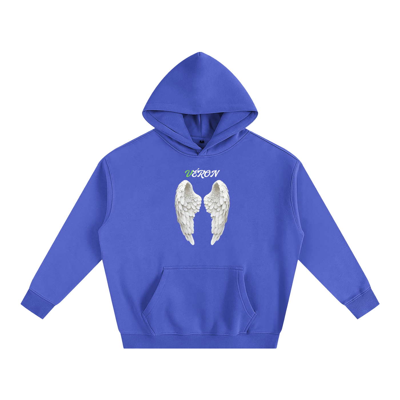 Blue hoodie with angel wings and 'VERON' text on a white background