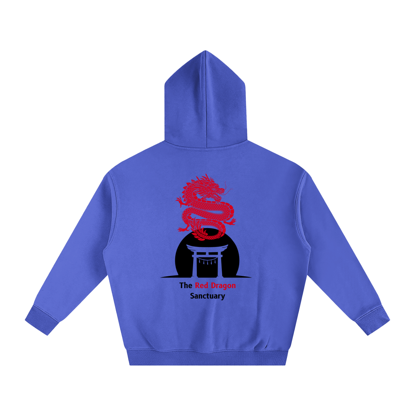 Blue hoodie with a red dragon design on the back against a white background