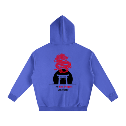 Blue hoodie with a red dragon design on the back against a white background