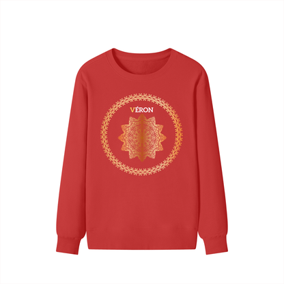 Red sweatshirt with a decorative circular design and 'VERON' text on a white background
