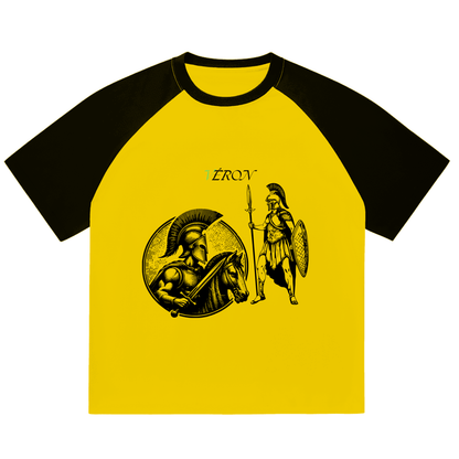 VERON Yellow t-shirt with black sleeves featuring a graphic design of a warrior and shield on a white background.