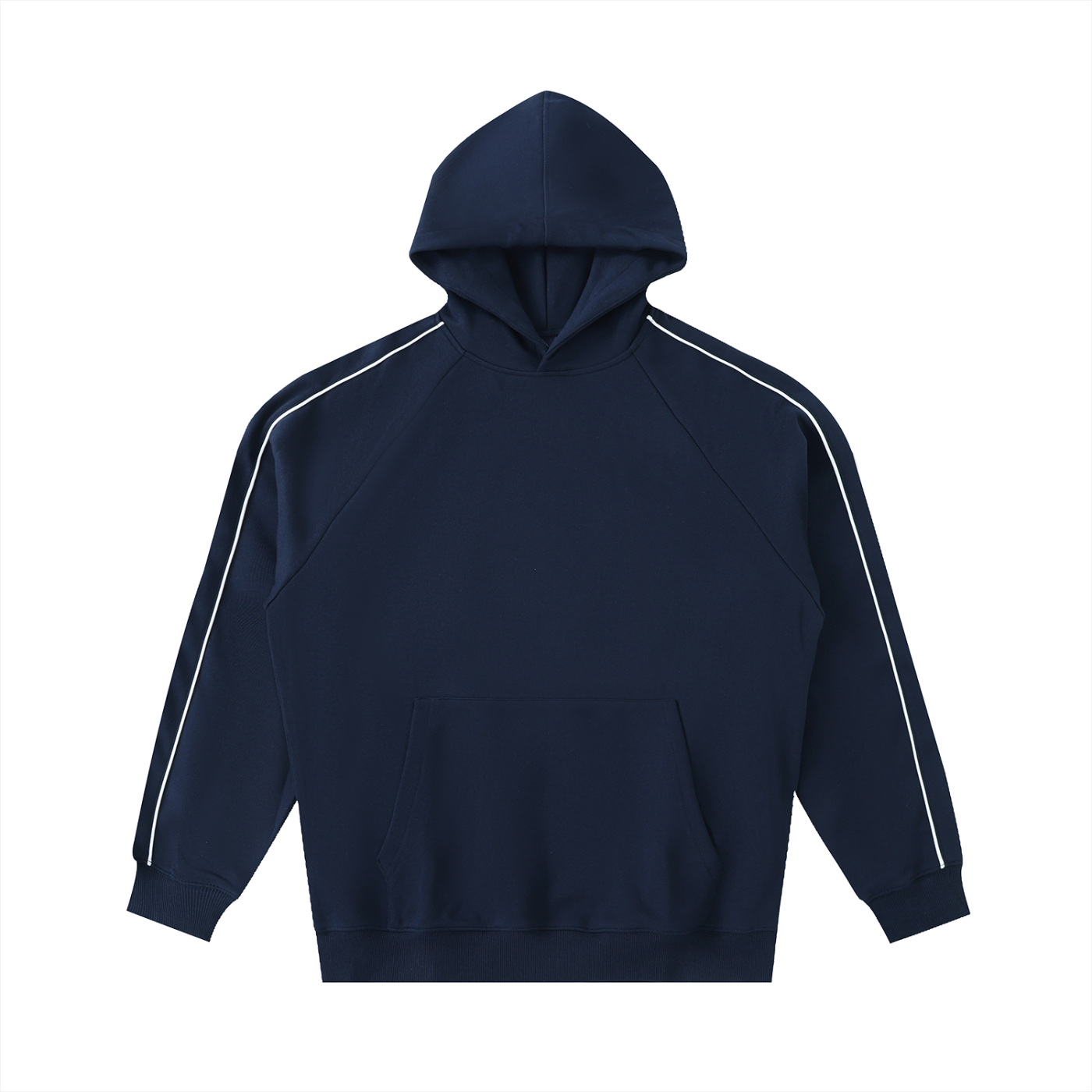 Navy blue hoodie with white stripes on sleeves on a white background