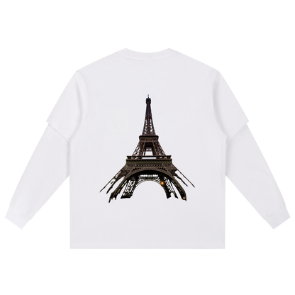 Lifestyle shot of VÉRON Paris oversized shirt in urban setting. 

