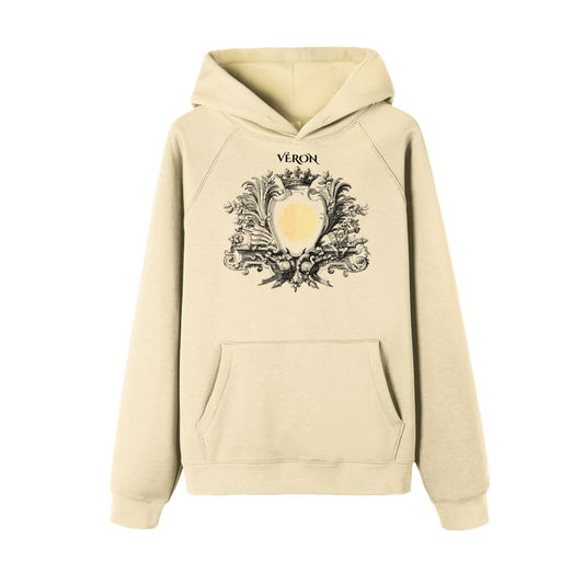 Beige hoodie with decorative emblem and 'VERON' text on a white background