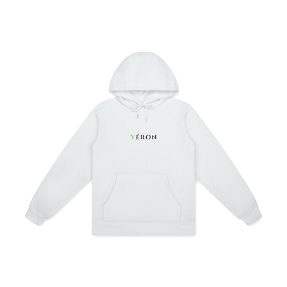 White hoodie with 'VERON' logo on a white background