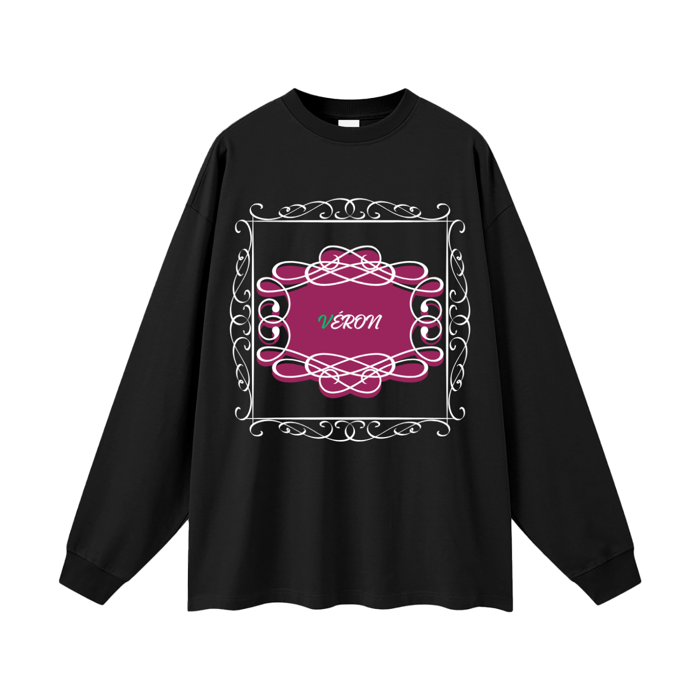 Black long-sleeve shirt with pink decorative design and 'VERON' text on a white background