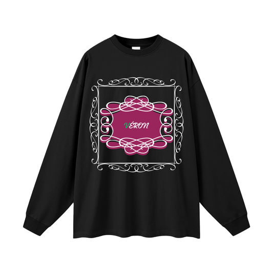 Black long-sleeve shirt with pink decorative design and 'VERON' text on a white background