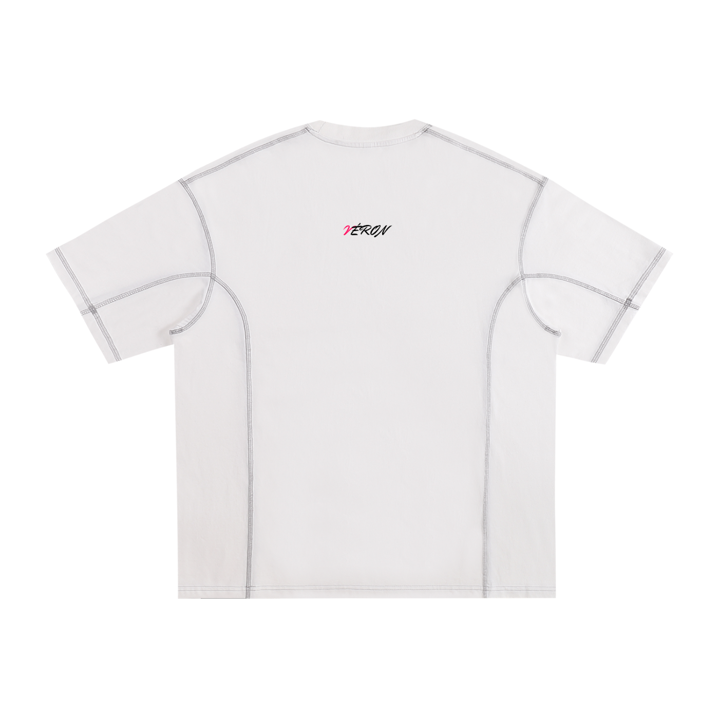 Flat lay of VÉRON stitched Arc de Triomphe t-shirt with minimalist background.

