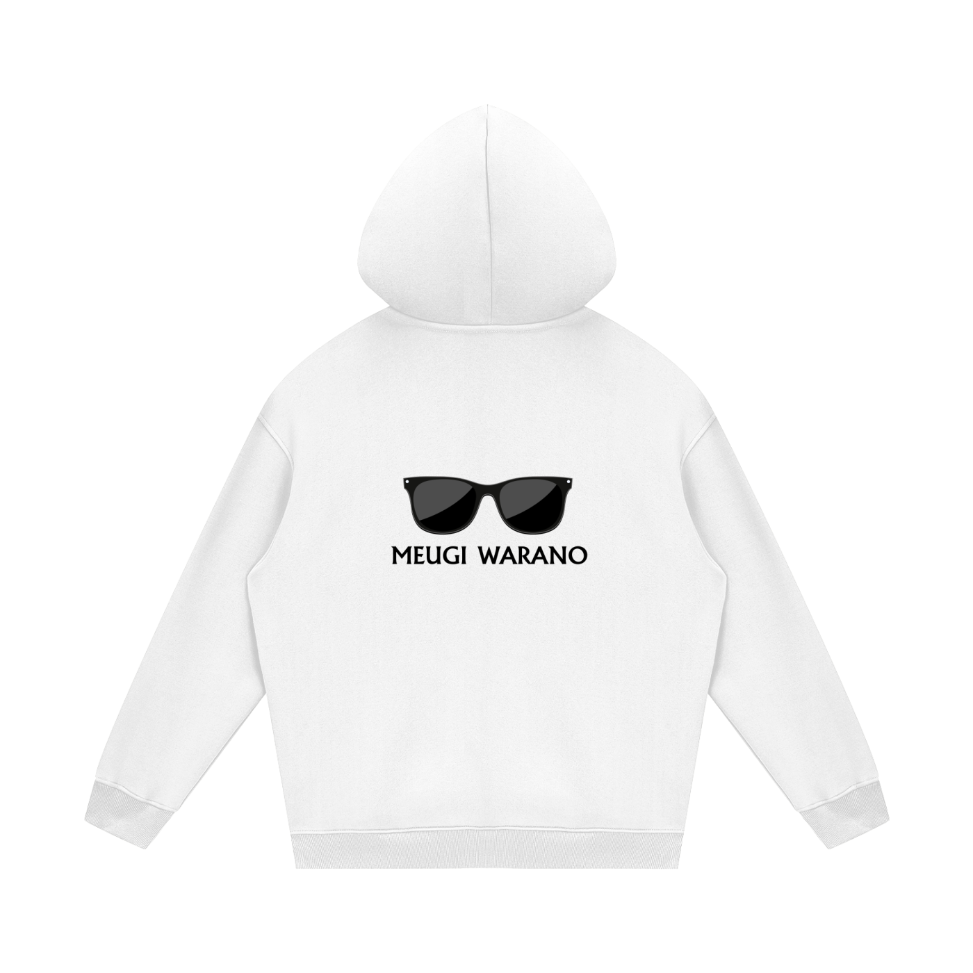 White hoodie with sunglasses graphic and 'MEUGI WARANO' text on a white background