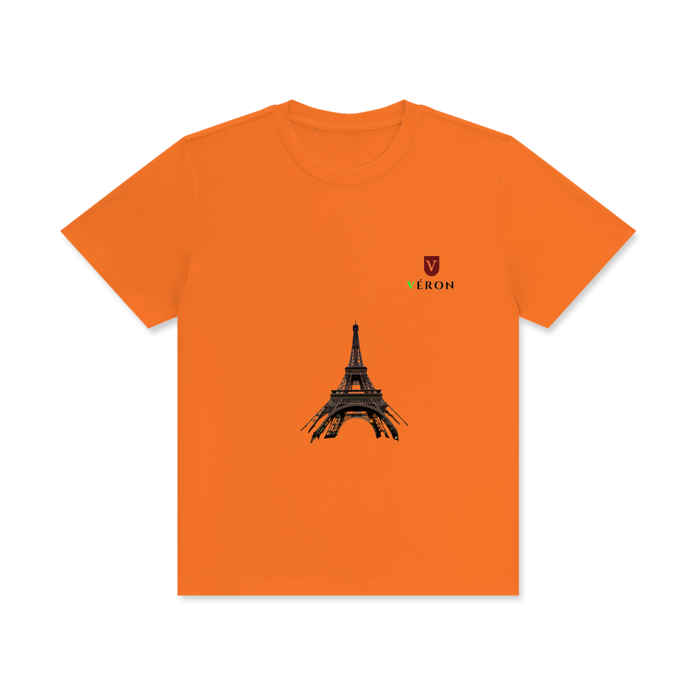 Close-up of VÉRON t-shirt stitching and high-quality fabric texture in Orange.

