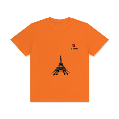 Close-up of VÉRON t-shirt stitching and high-quality fabric texture in Orange.

