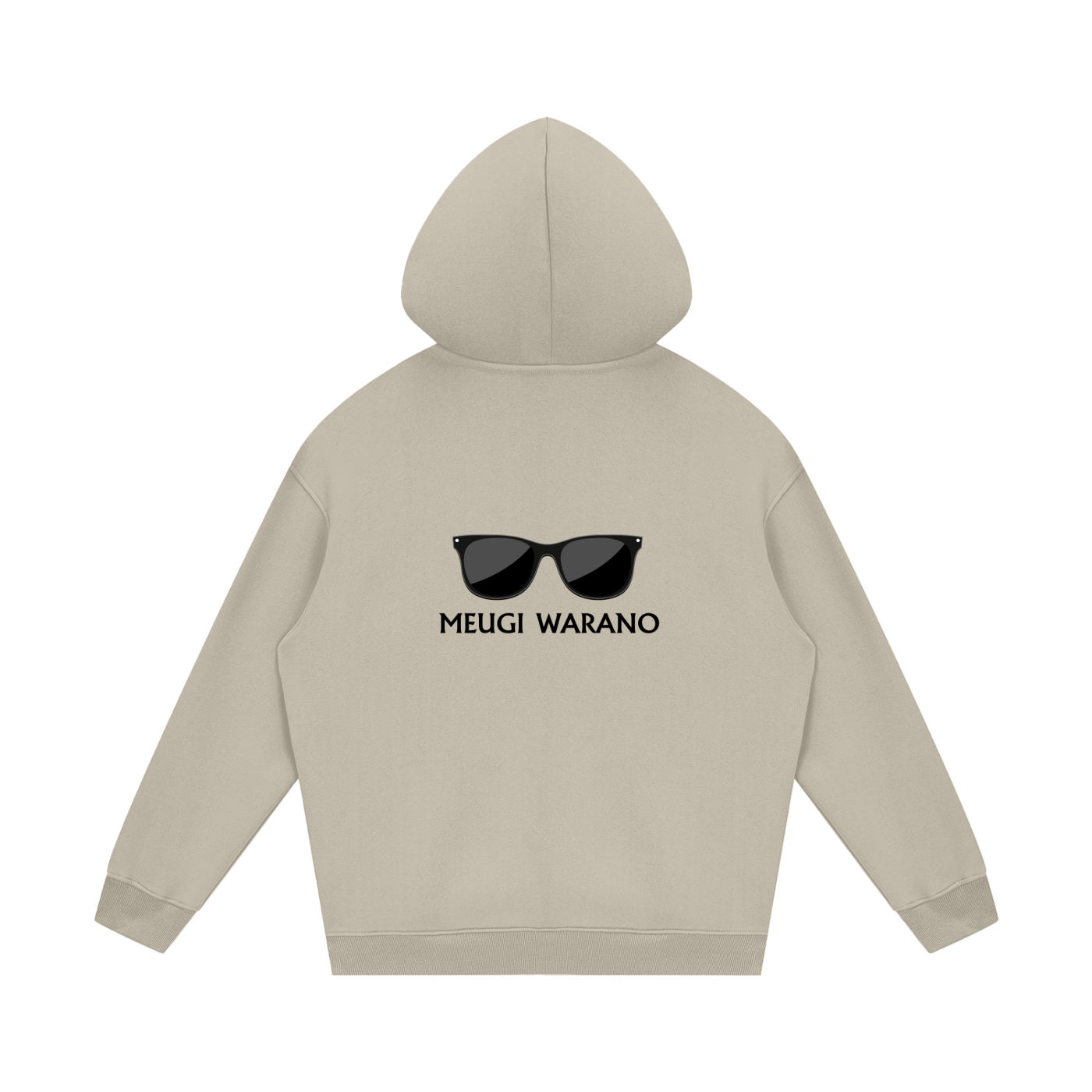 Beige hoodie with sunglasses graphic and 'MEUGI WARANO' text on the back against a white background