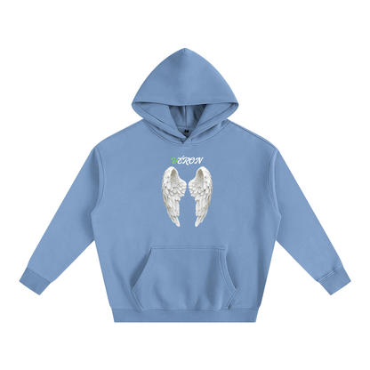 Blue hoodie with angel wings and text on a white background