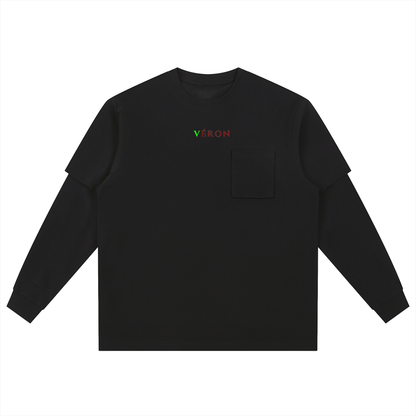 Black long-sleeve shirt with a logo on a white background. 