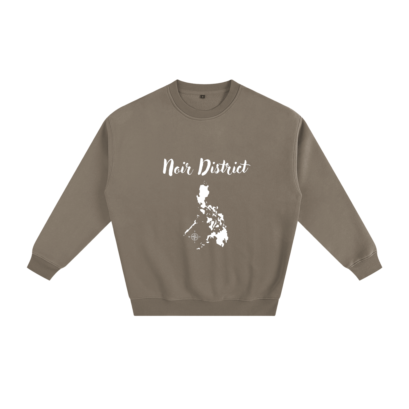 Brown sweatshirt with 'Noir District' text and map design on a white background