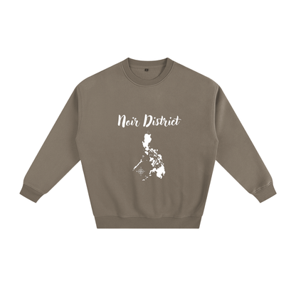 Brown sweatshirt with 'Noir District' text and map design on a white background