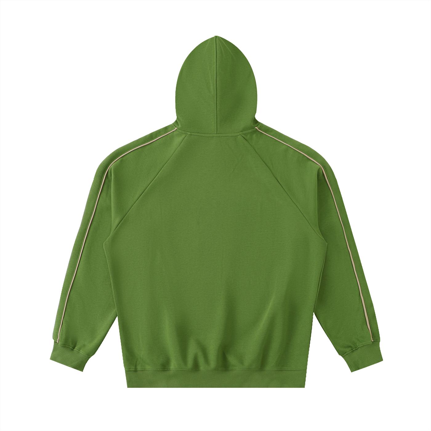 Green hoodie with white stripes on sleeves on a white background
