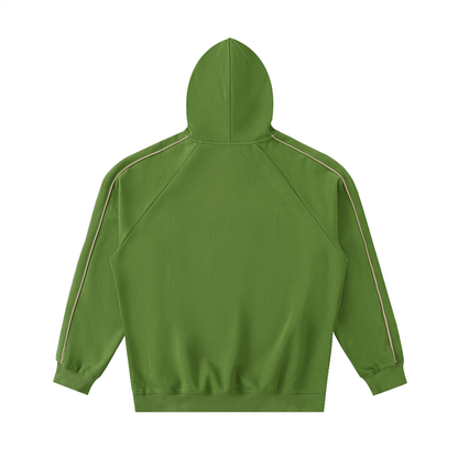 Green hoodie with white stripes on sleeves on a white background