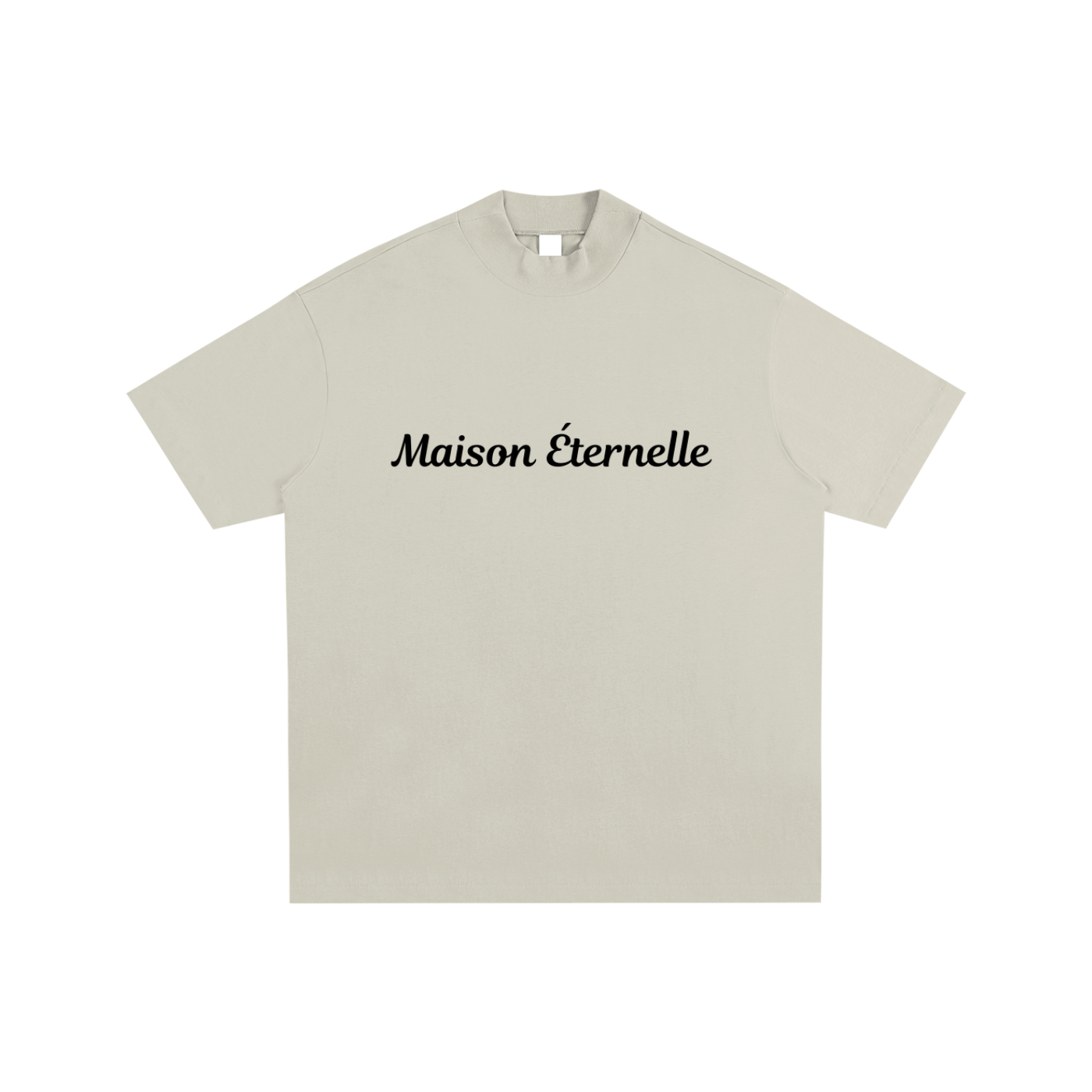 Beige t-shirt with 'Maison éternelle' text on a white background