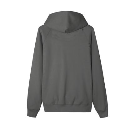 Gray hoodie shown from the back on a white background