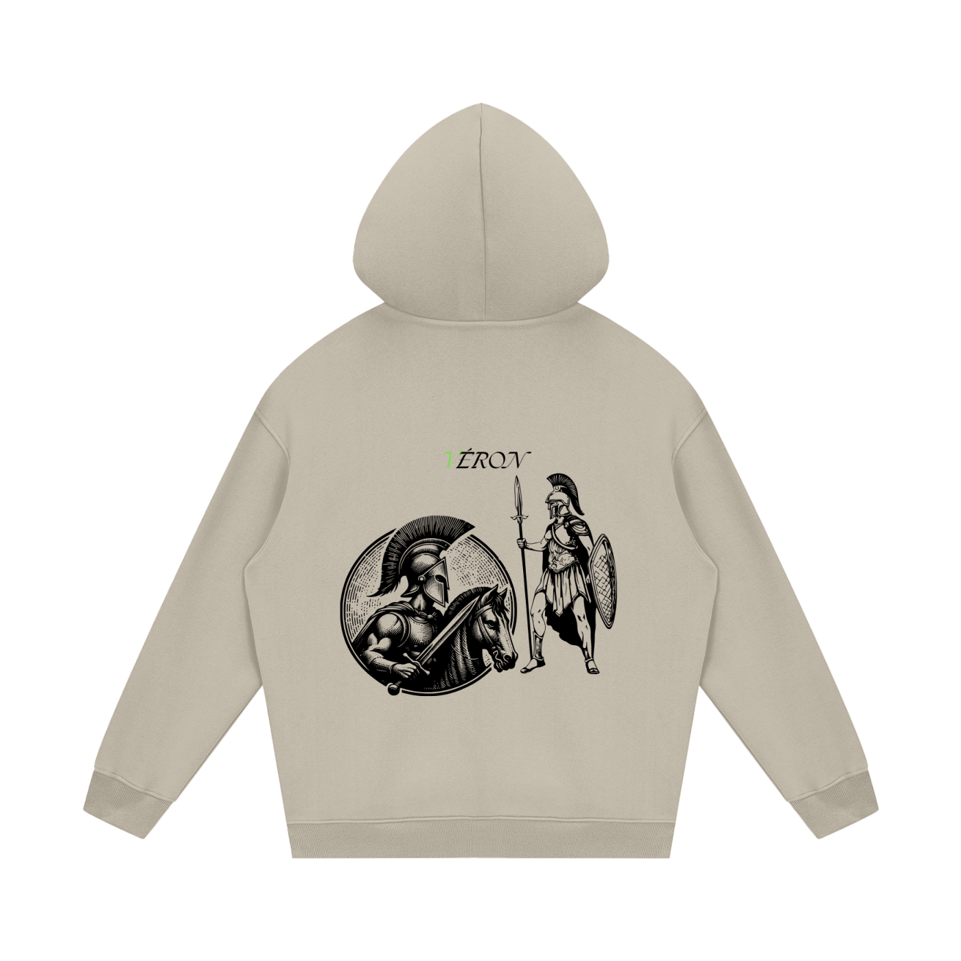 VERON Beige hoodie with graphic designs on the back on a white background