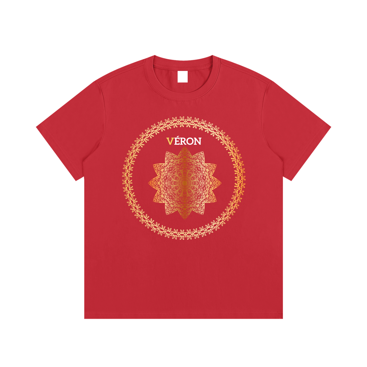 Red t-shirt with a gold circular design and 'VERON' text on a white background