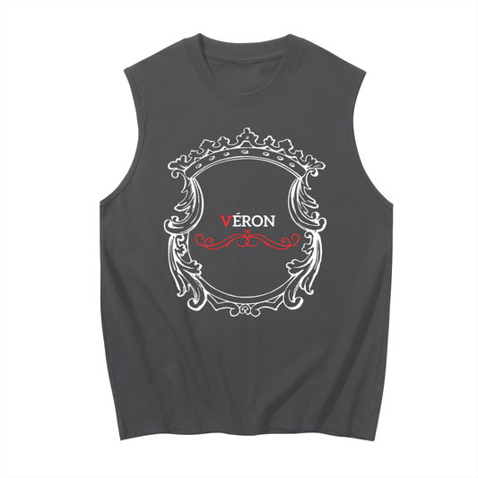 Gray sleeveless shirt tank top with decorative emblem and 'VERON' text on a white background