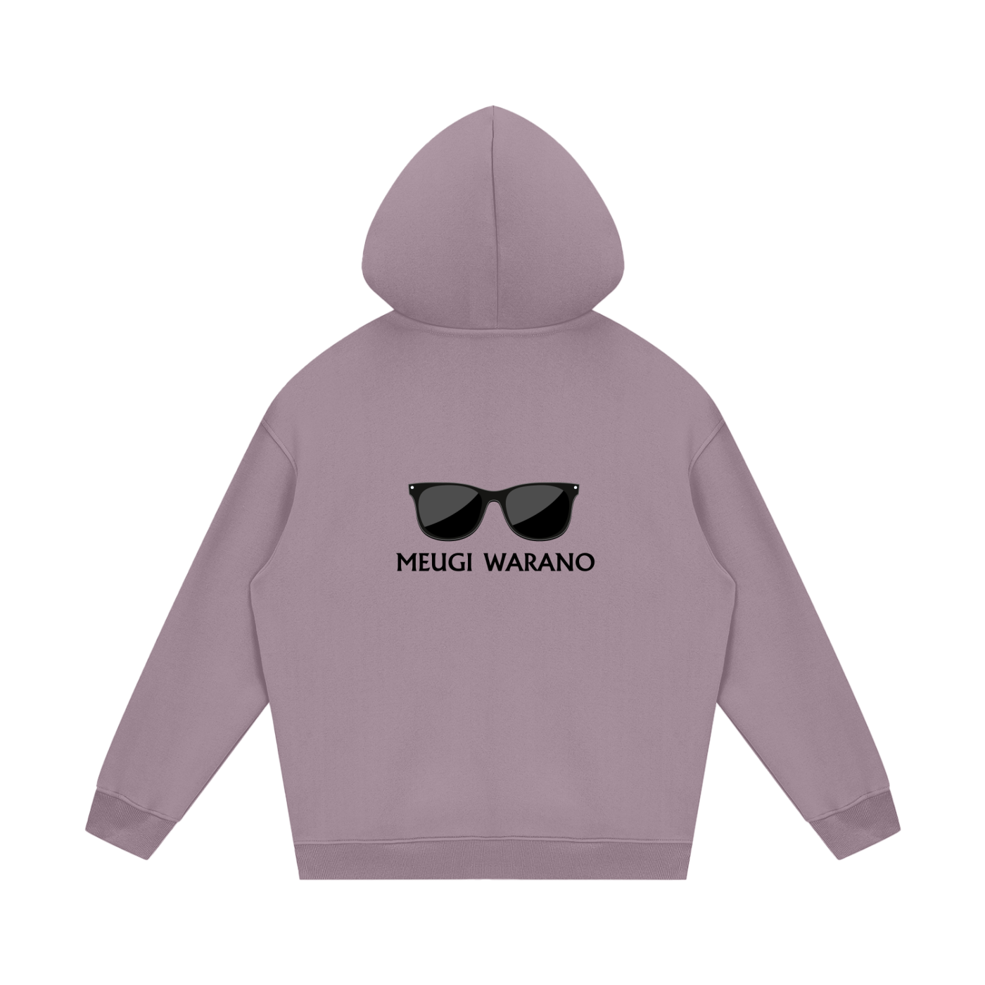 Purple hoodie with sunglasses graphic and 'MEUGI WARANO' text on the back against a white background