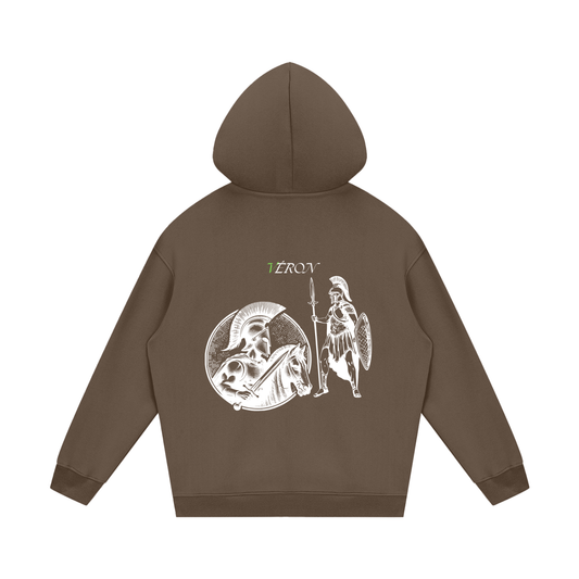 VERON Brown hoodie with warrior design on the back against a white background