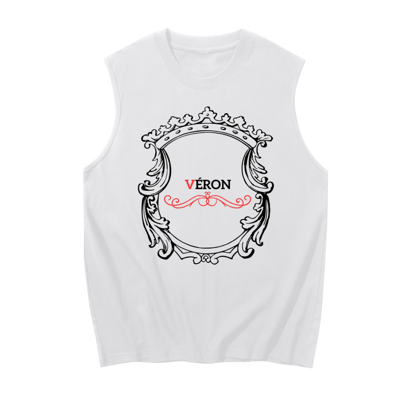 White sleeveless shirt with decorative frame and 'VERON' text on a white background