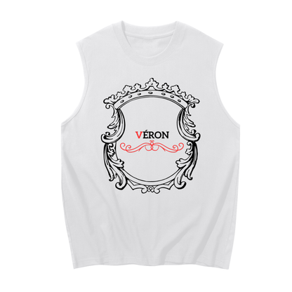 White sleeveless shirt with decorative frame and 'VERON' text on a white background