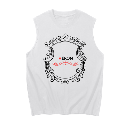 White sleeveless shirt with decorative frame and 'VERON' text on a white background