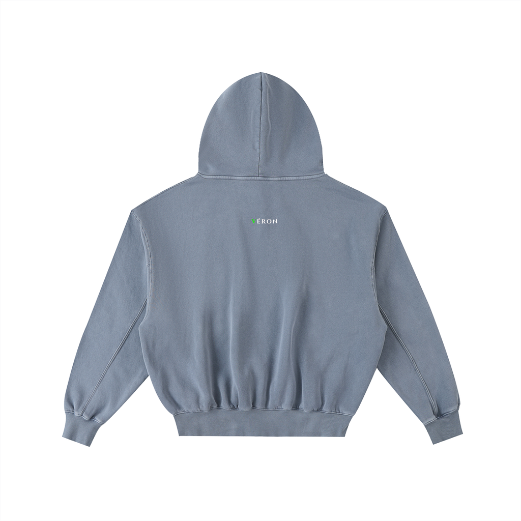 Gray hoodie with a brand logo on the back against a white background