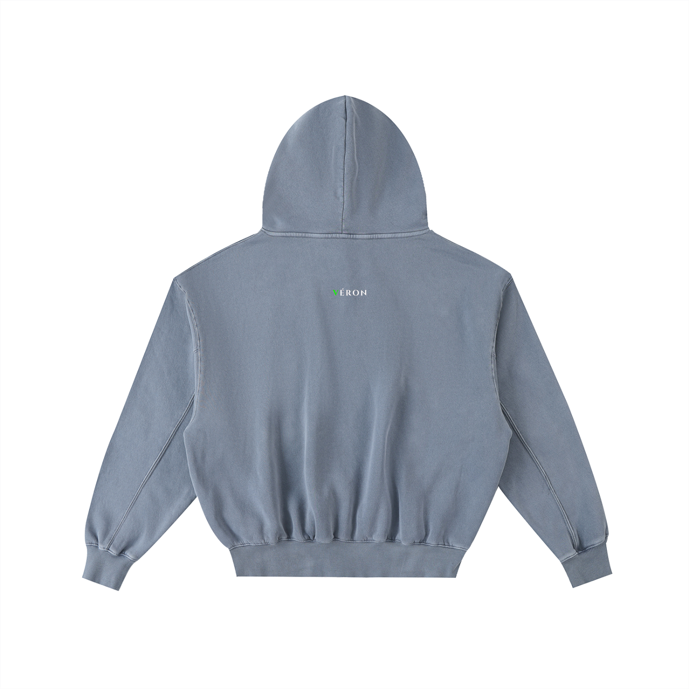 Gray hoodie with a brand logo on the back against a white background