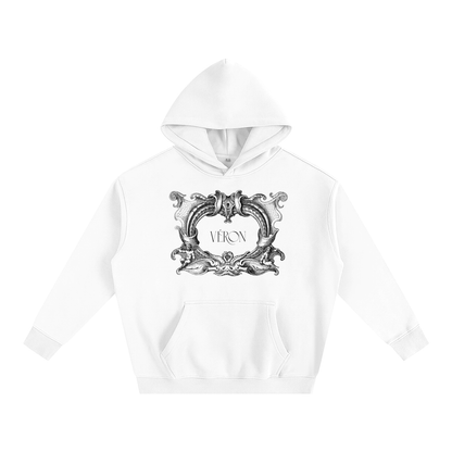 White hoodie with decorative emblem and 'VERON' text on a white background