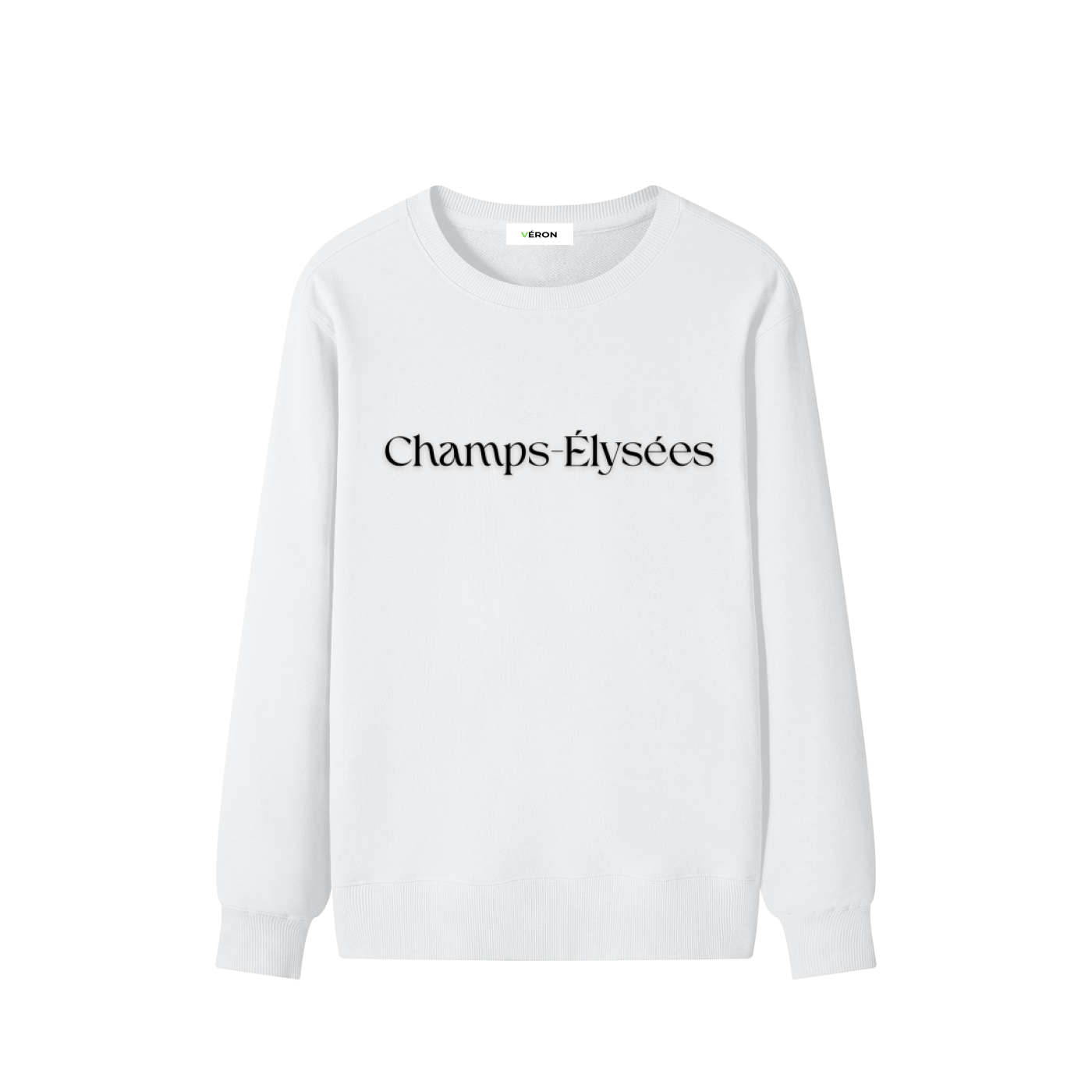 White sweatshirt with 'Champs Élysées' text on a white background