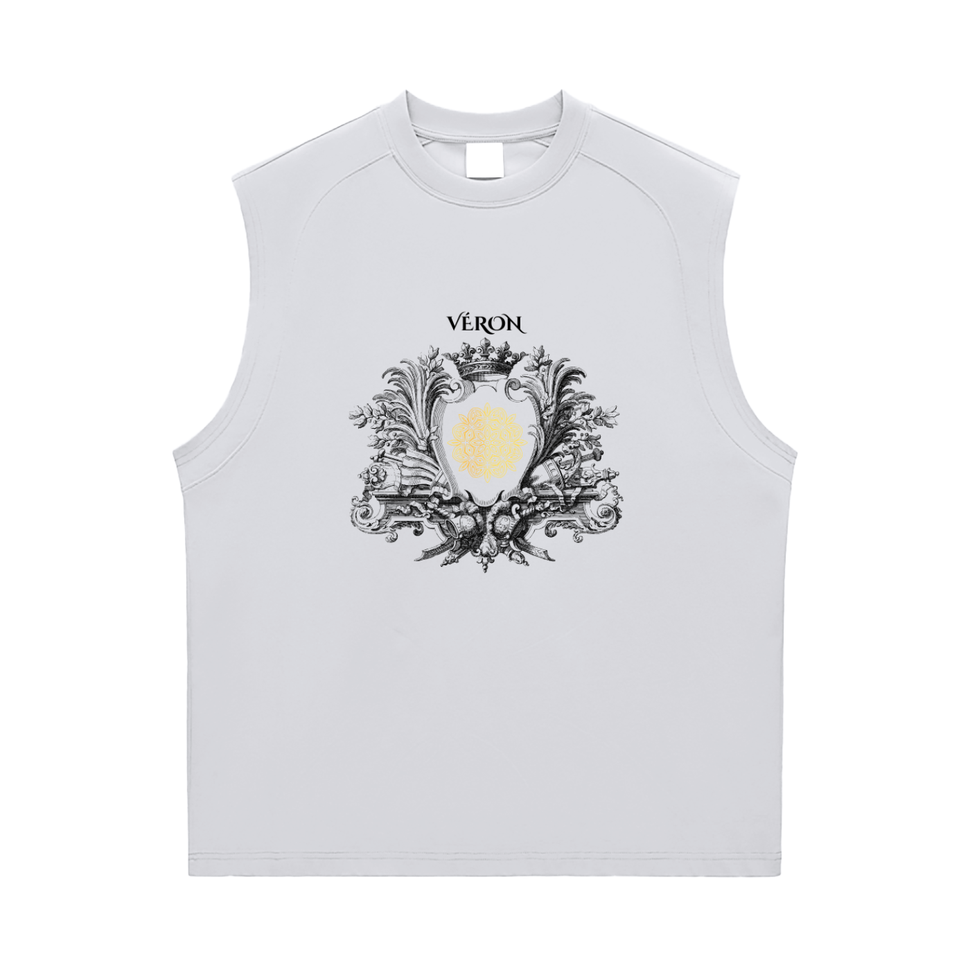 White sleeveless shirt with decorative emblem and 'Véron' branding on a white background
