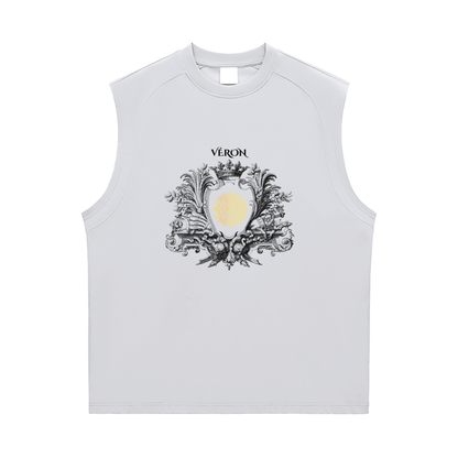 White sleeveless shirt with decorative emblem and 'Véron' branding on a white background
