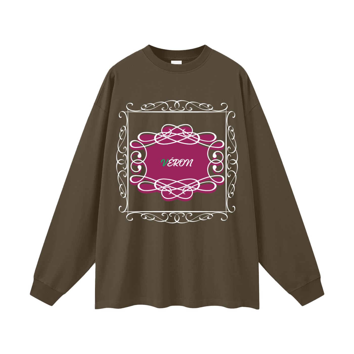 Brown long-sleeve shirt with pink decorative design and 'Veron' text on a white background