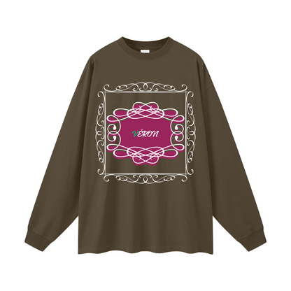 Brown long-sleeve shirt with pink decorative design and 'Veron' text on a white background