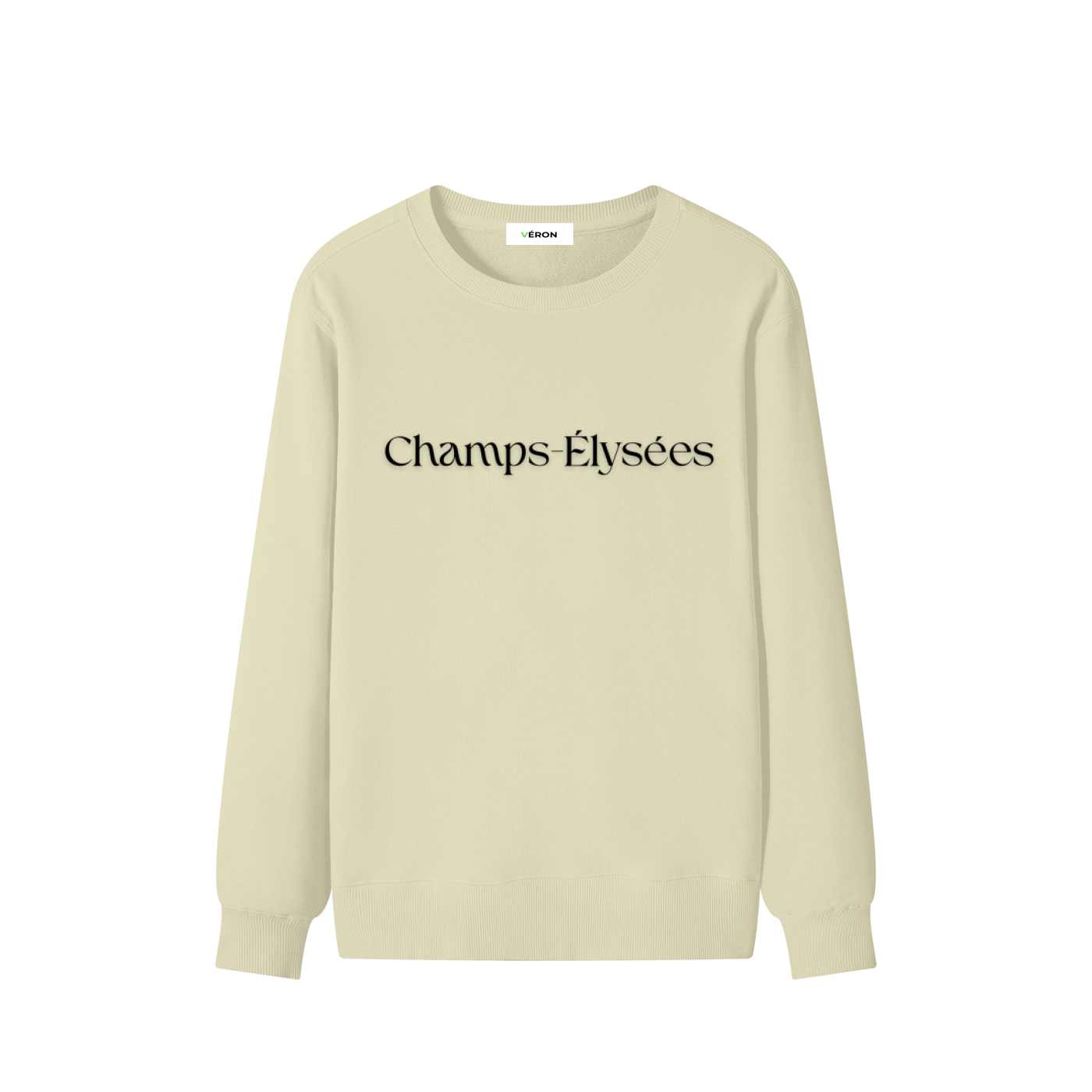 Beige sweatshirt with 'Champs Élysées' text on a white background