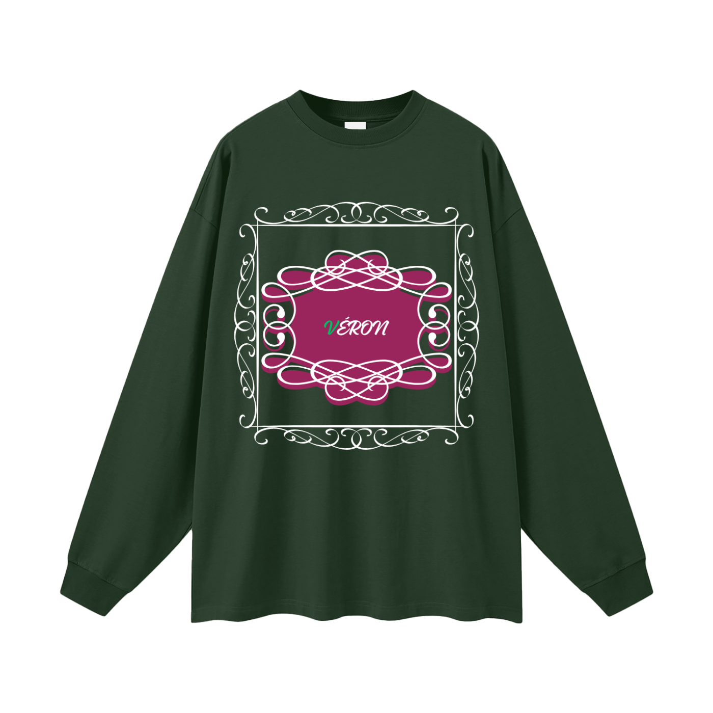 Green long-sleeve shirt with pink decorative design and 'VERON' text on a white background